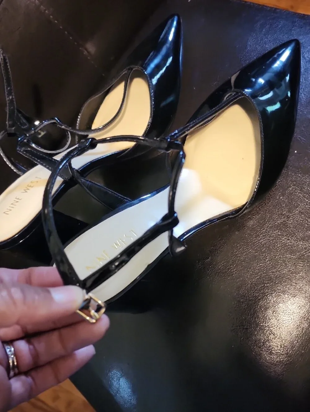 Nine West Black Patent Pointed Ballet Heels with Ankle Straps